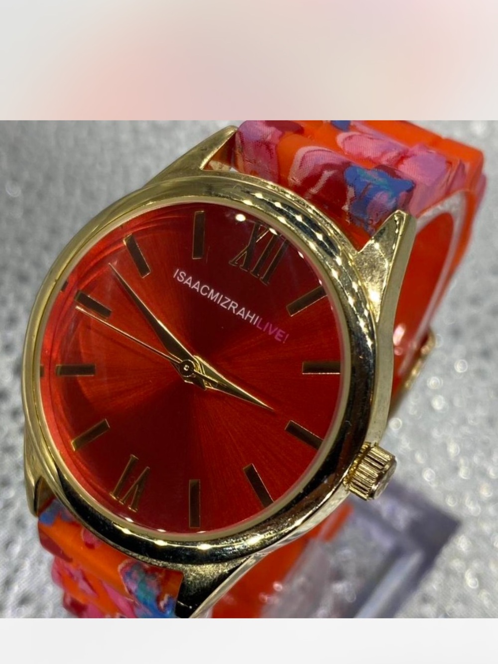 ^^^ Isaac Mizrahi  **Gold Case Watch “Flame Orange *** Multicolor Silicone Band